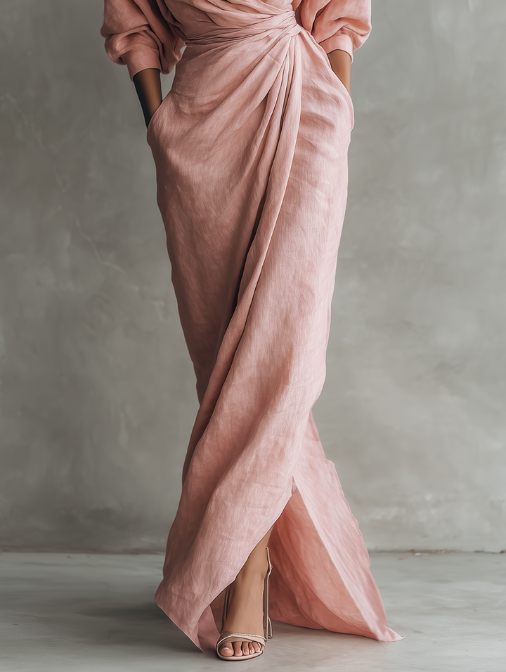 Abito lungo minimalista rosa con scollo a V da donna