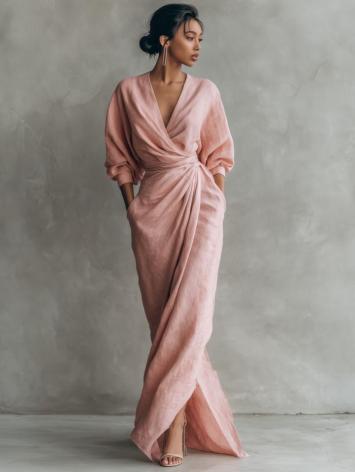 Abito lungo minimalista rosa con scollo a V da donna