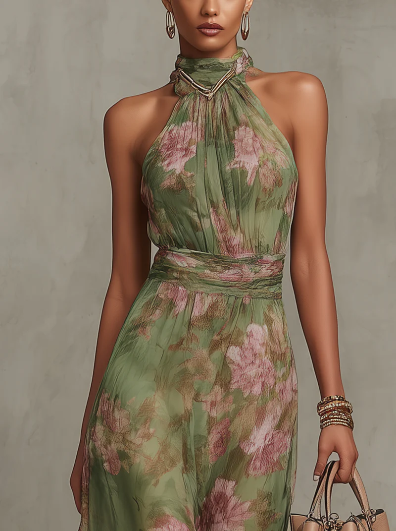 Serena ∙ Abito lungo verde a fiori in chiffon con scollo all'americana