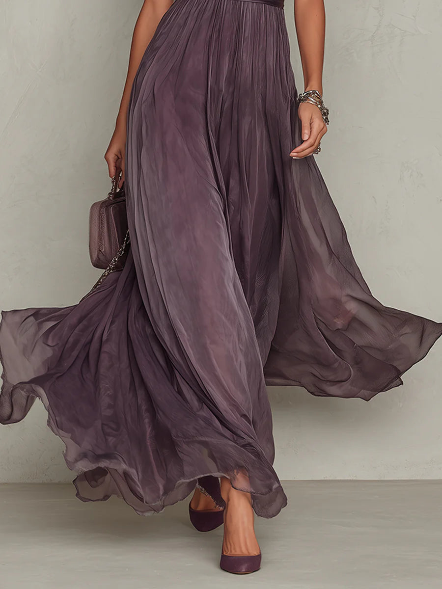 Flavia - Abito lungo viola con scollo a goccia e bordo in pizzo di chiffon
