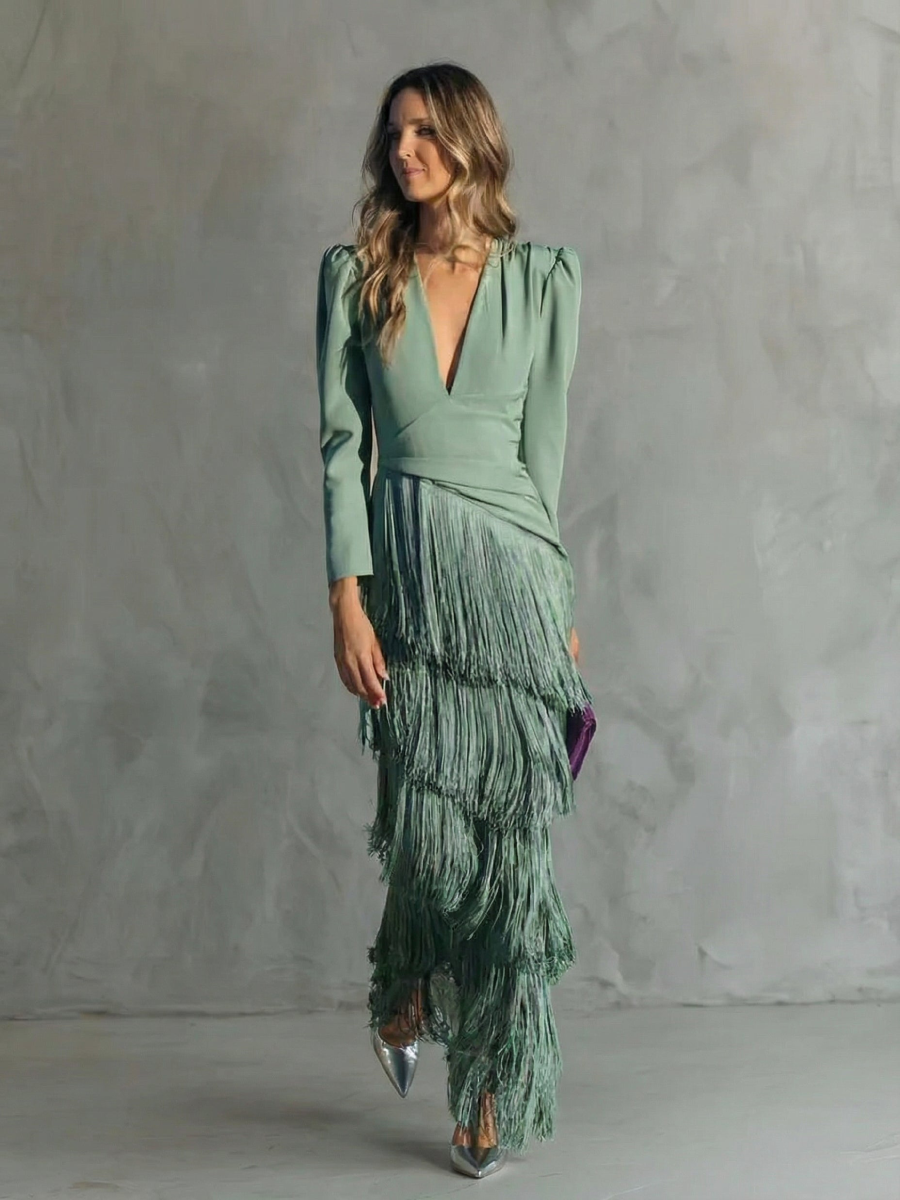 Alessia - Elegante abito midi con maniche a frange