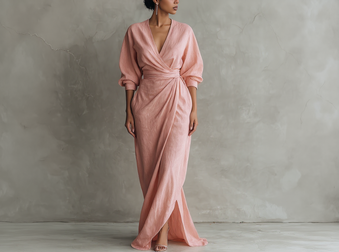 Abito lungo minimalista rosa con scollo a V da donna