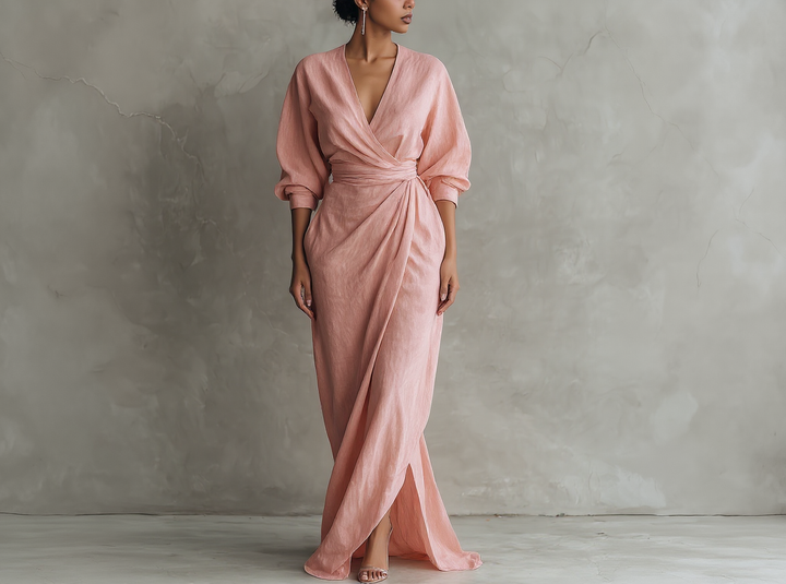 Abito lungo minimalista rosa con scollo a V da donna