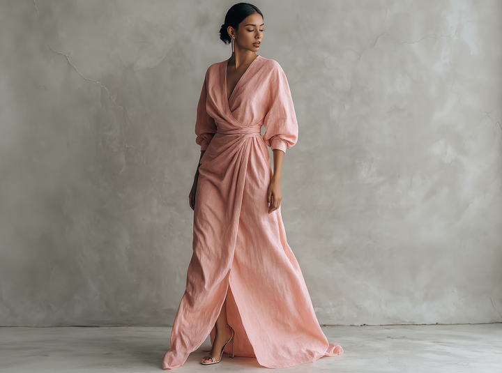 Abito lungo minimalista rosa con scollo a V da donna